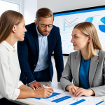 A diverse group of five professionals, two men and three women, in modern and modest business casual attire, actively collaborating around a smart table in a bright, contemporary Swedish office space. They are looking at data visualizations on a large screen, engaged in critical thinking and problem-solving. The atmosphere is open and innovative. fully clothed, appropriate content, safe for work, professional, perfect anatomy, correct proportions, natural pose, well-formed hands, proper finger count, natural body proportions, professional photography, high quality, sharp focus.