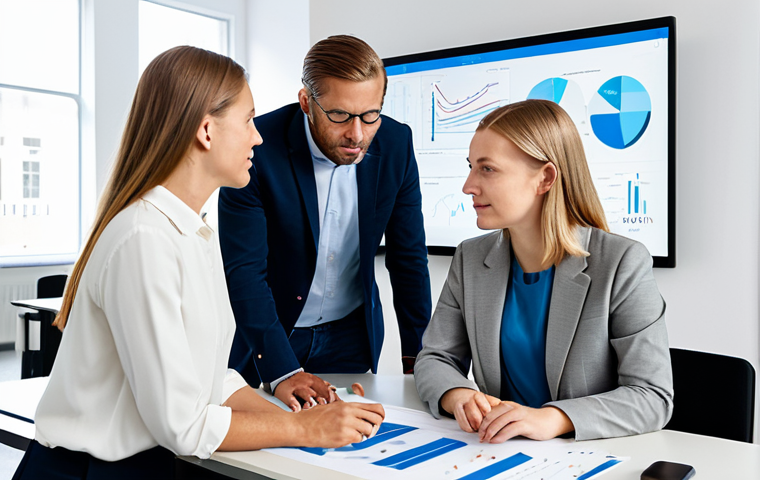 A diverse group of five professionals, two men and three women, in modern and modest business casual attire, actively collaborating around a smart table in a bright, contemporary Swedish office space. They are looking at data visualizations on a large screen, engaged in critical thinking and problem-solving. The atmosphere is open and innovative. fully clothed, appropriate content, safe for work, professional, perfect anatomy, correct proportions, natural pose, well-formed hands, proper finger count, natural body proportions, professional photography, high quality, sharp focus.